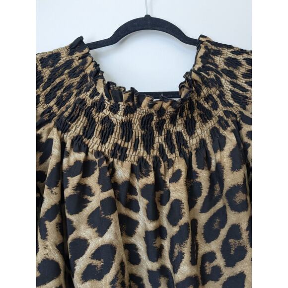 Animal Print Shein Peasant Blouse Womens Leopard Off Elastic Smocked Shoulder XL - Picture 3 of 7